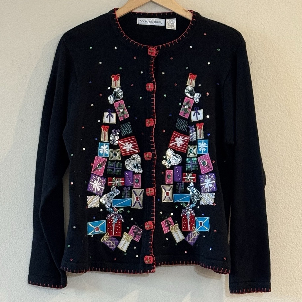 Vintage Victoria Jones Christmas Cardigan L Beaded Sequin Gift Ugly Sweater